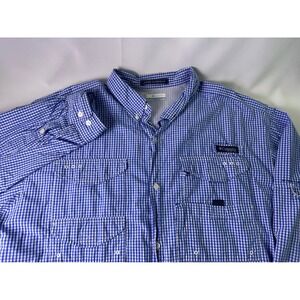 Columbia PFG Super Bonehead Gingham Long Sleeve Fishing Shirt Men XL Blue White